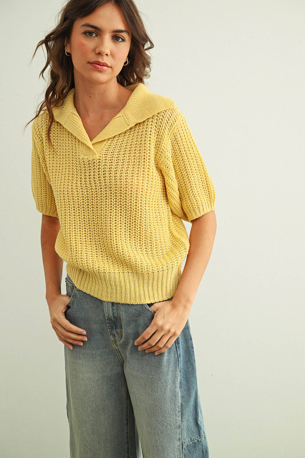 Butter Collared Short Sleeve Knitted Top