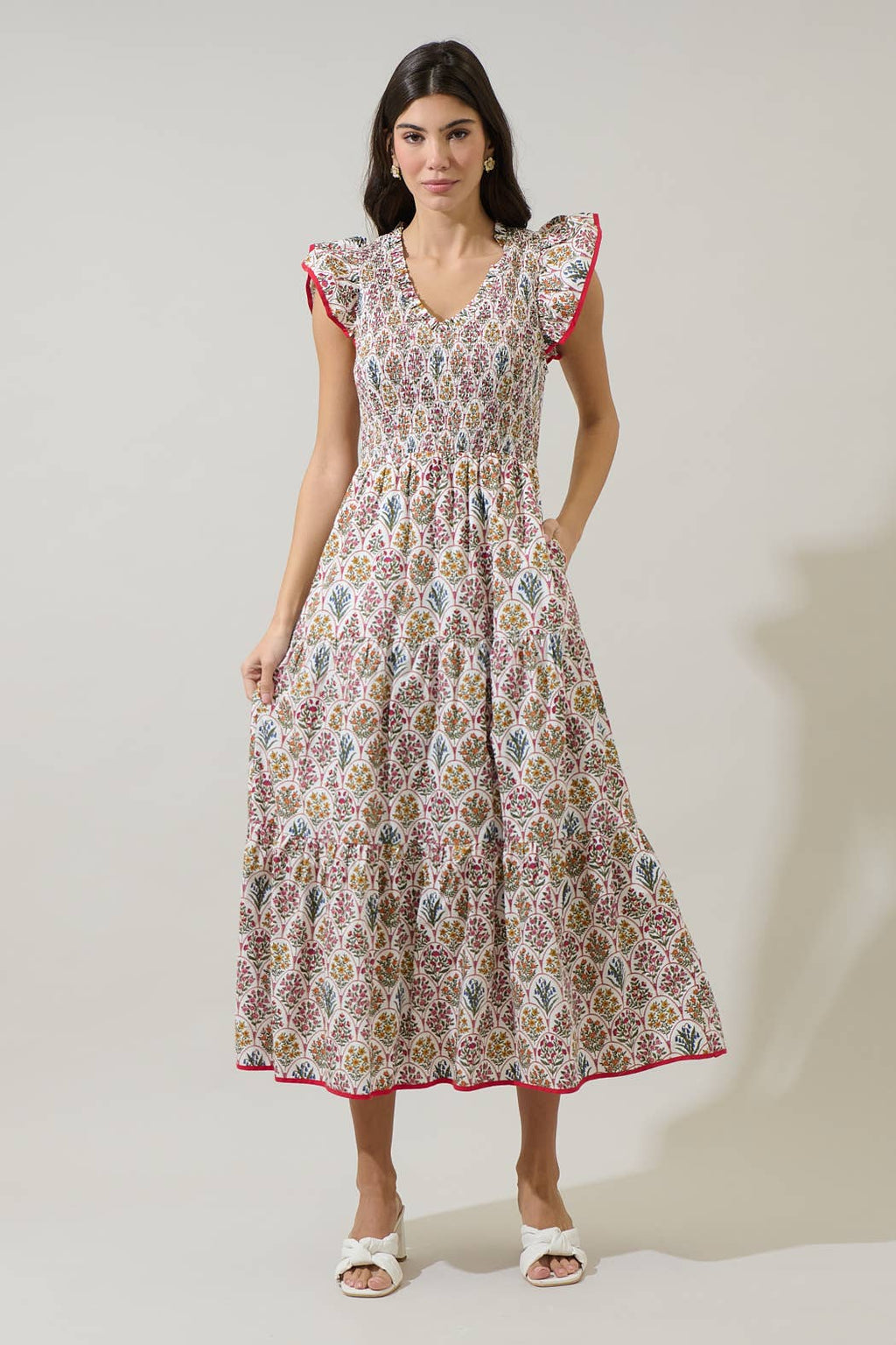 White Floral Sunfire Tiered Midi Dress