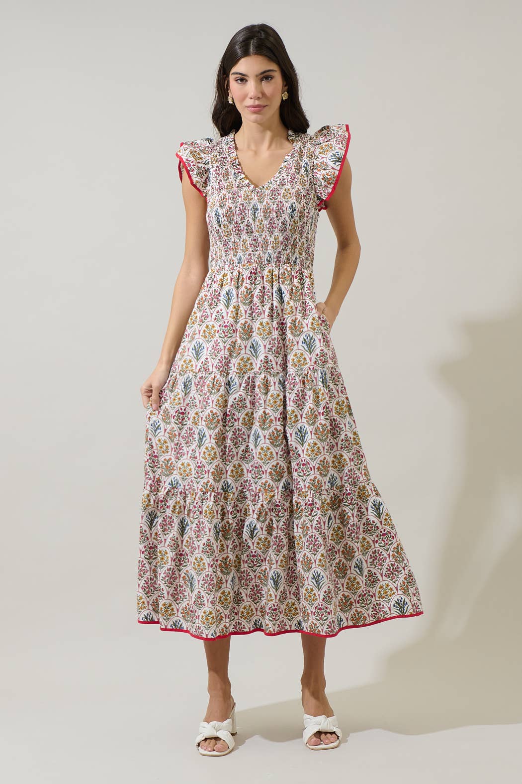 White Floral Sunfire Tiered Midi Dress