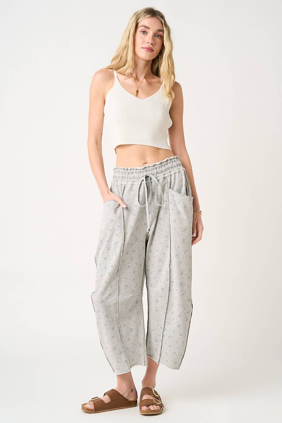 Grey Floral Barrel Pant