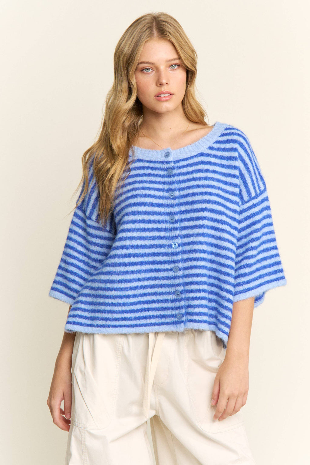 Blue Striped Cropped Soft Knit Cardigan