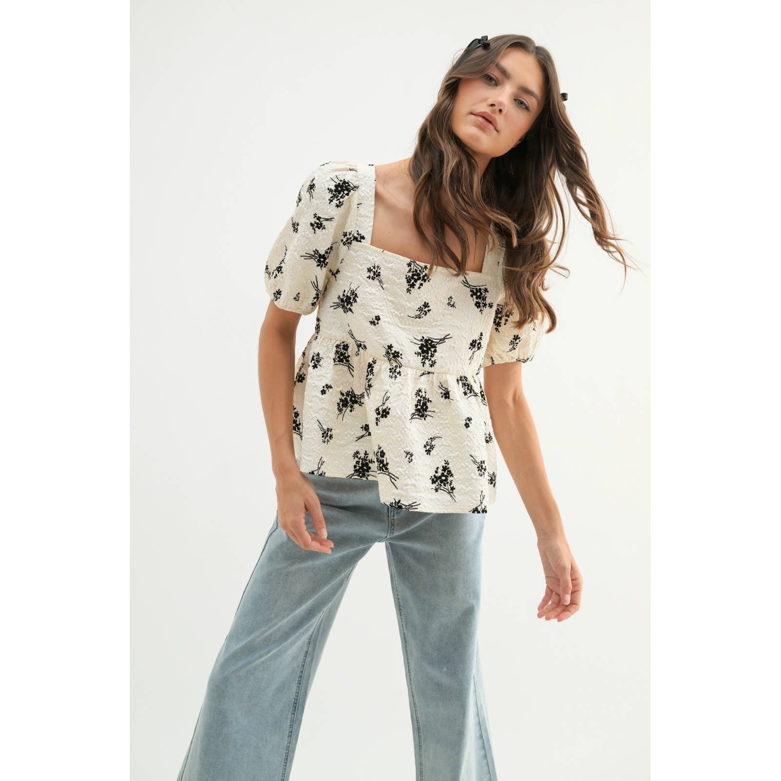 White & Black Textured Floral Puff Sleeve Blouse