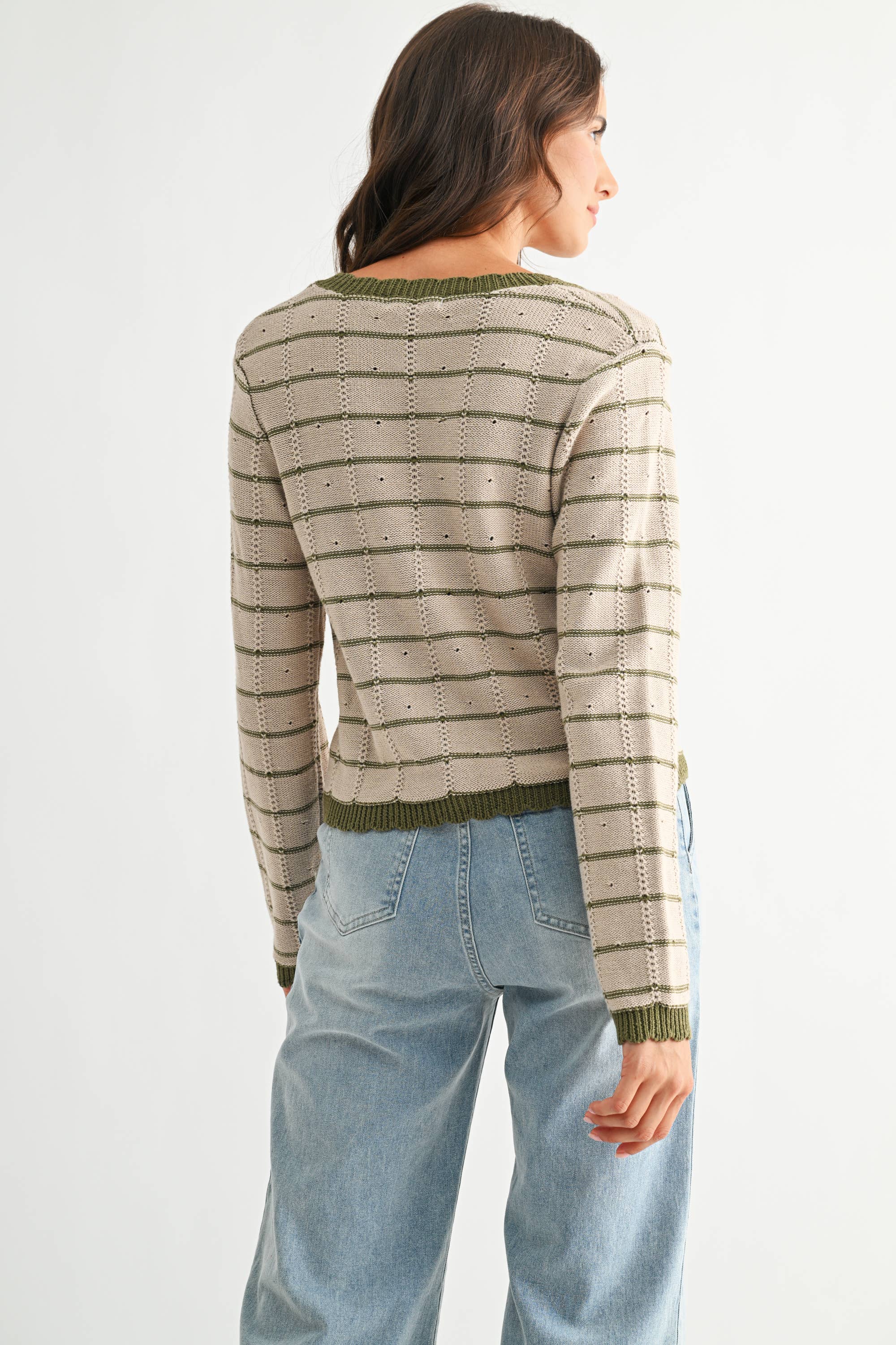 Taupe & Olive Trim Button-Up Cardigan