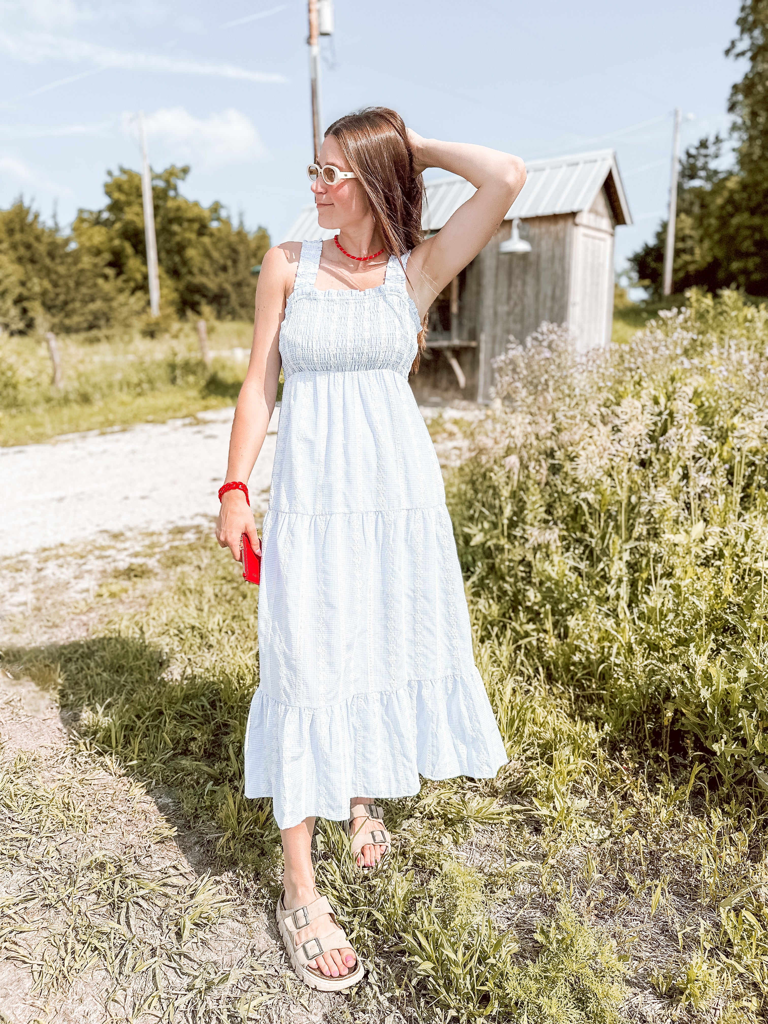 Blue & White Striped Smocked Maxi Dress