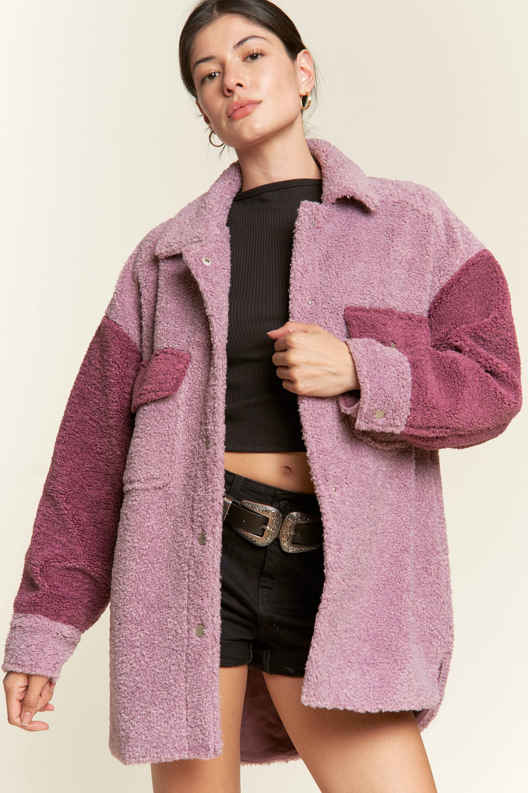 Plus Berry Colorblock Sherpa Jacket