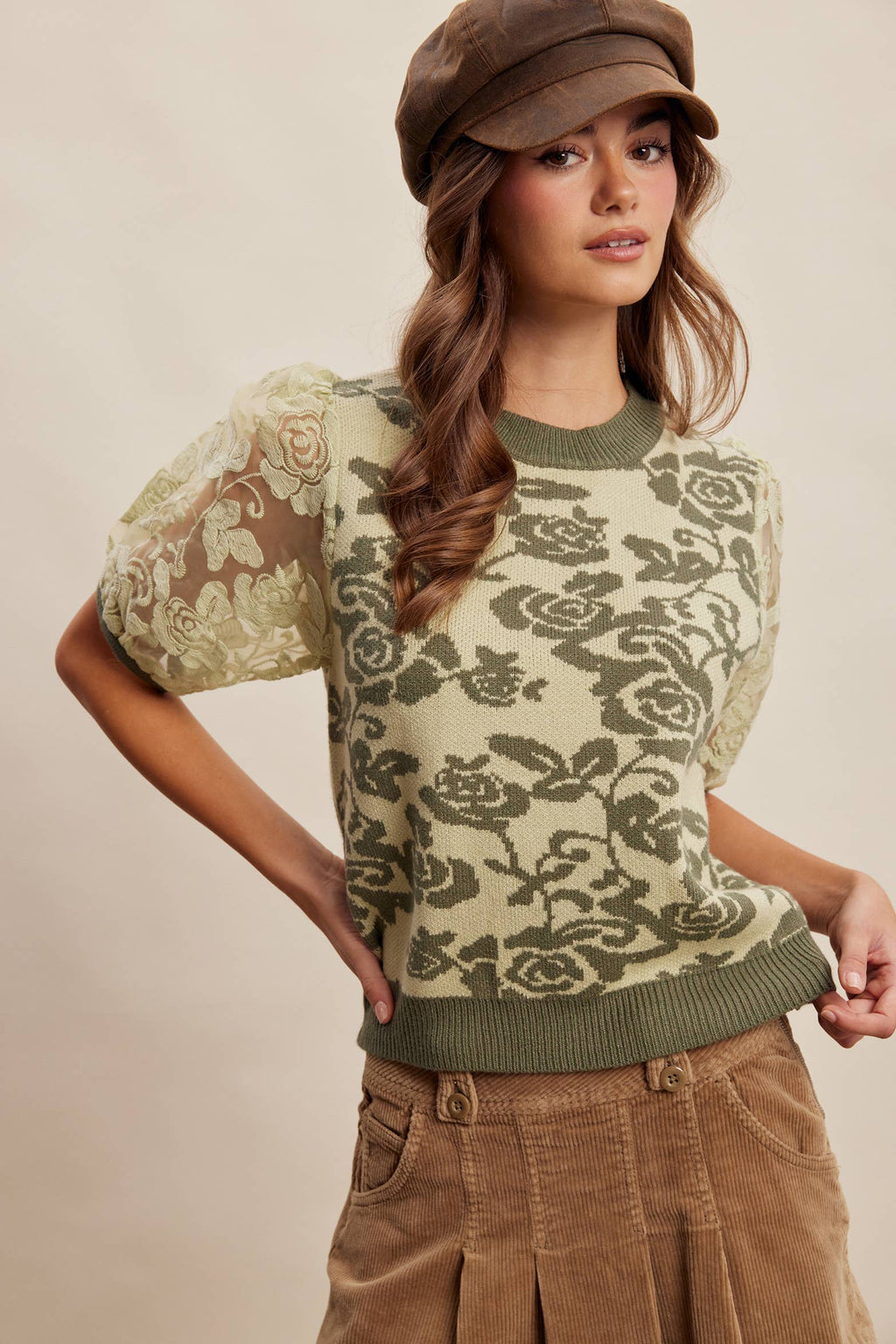 Sage Green Rose Embroidered Knit Top