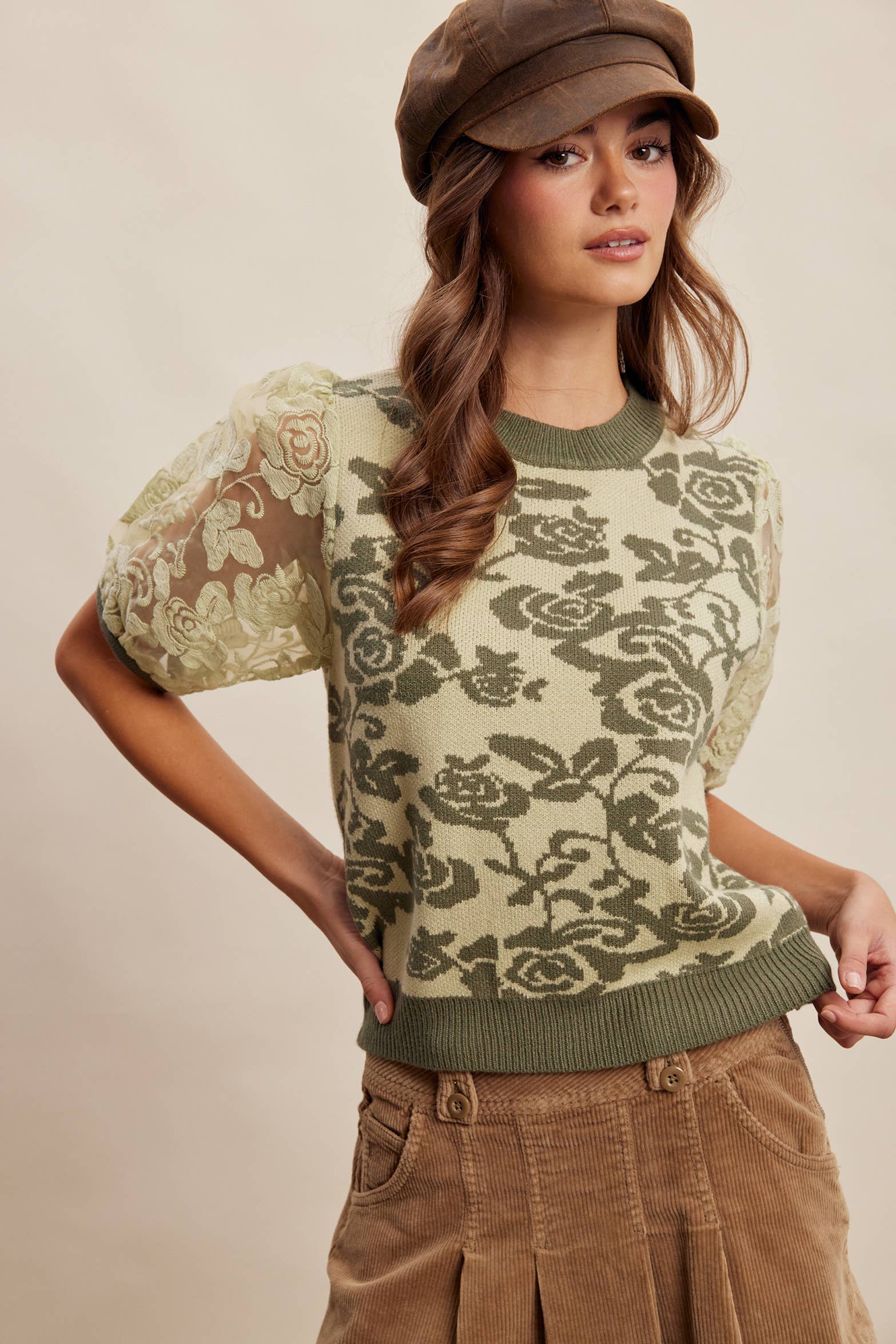 Sage Green Rose Embroidered Knit Top