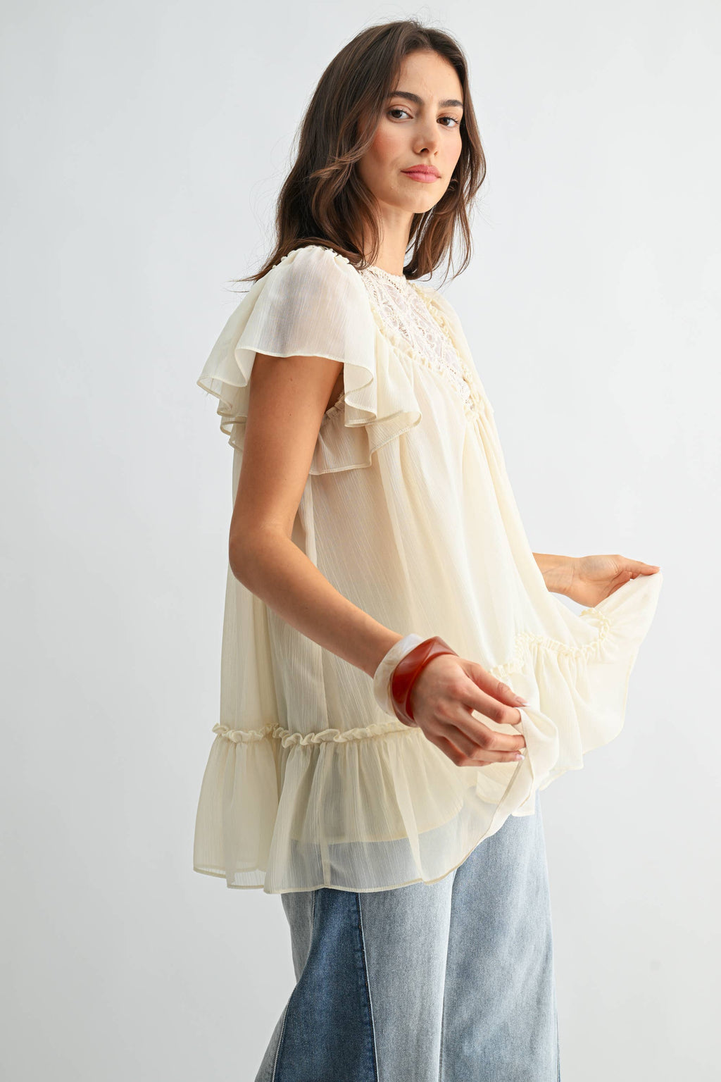 Cream Sheer Lace Yoke Ruffle Sleeve Blouse