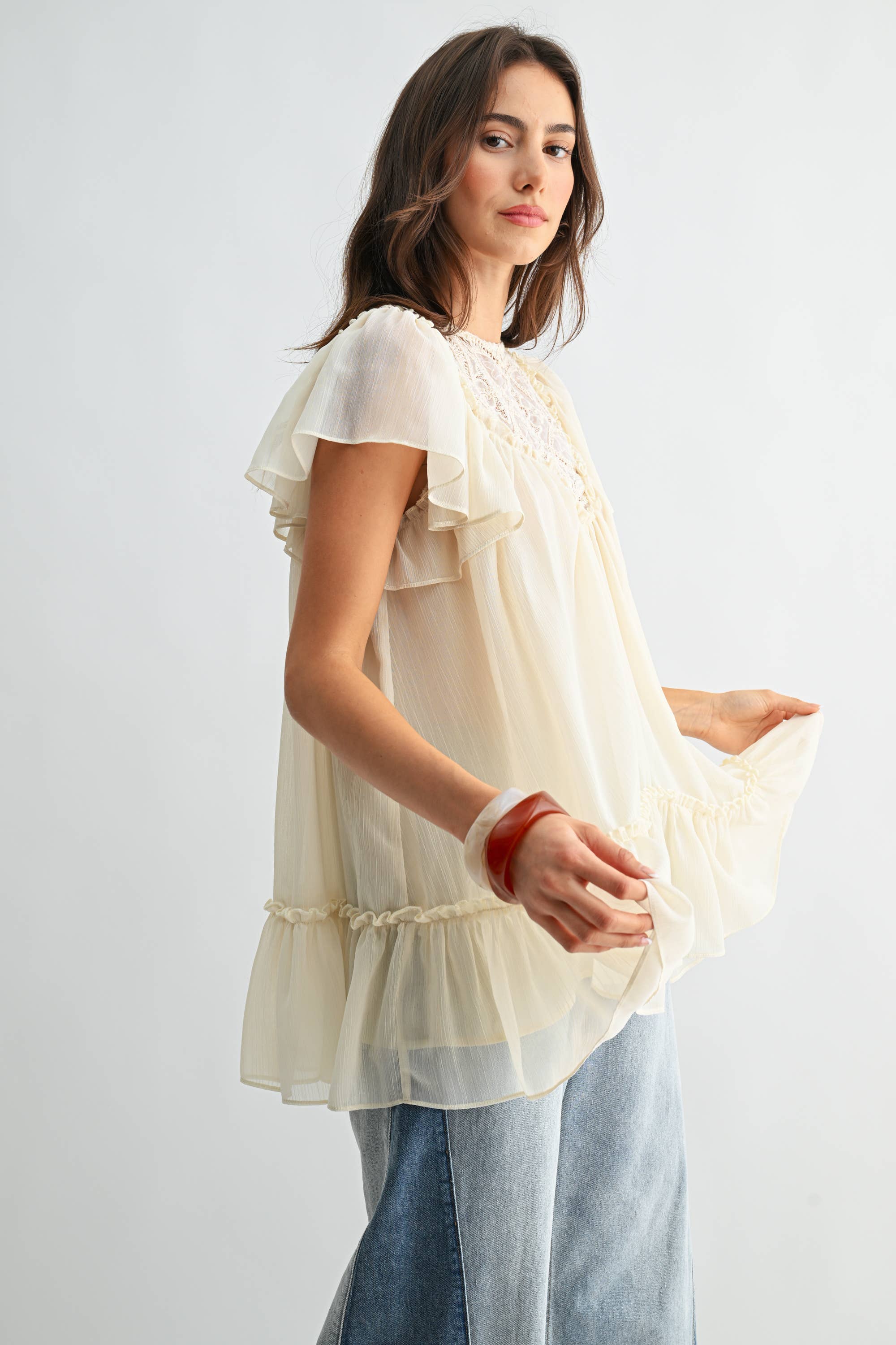 Cream Sheer Lace Yoke Ruffle Sleeve Blouse