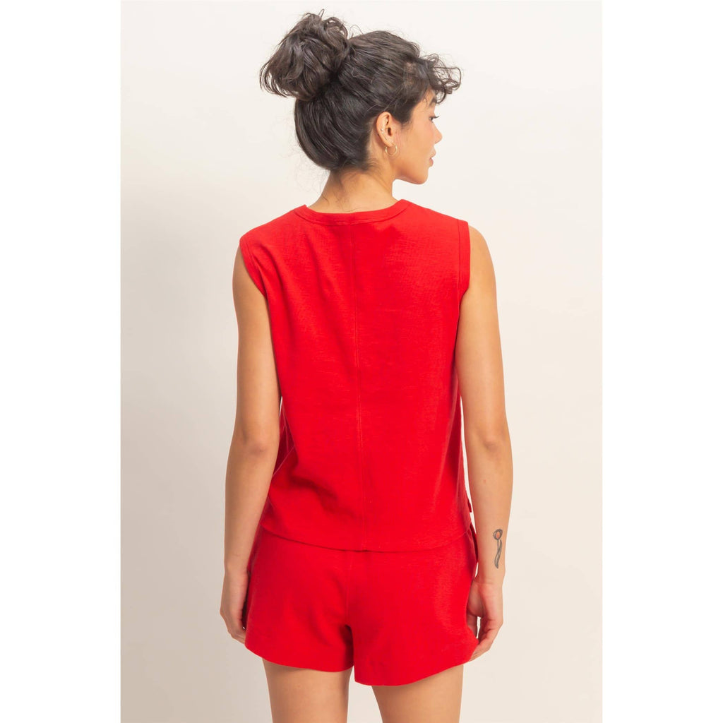 Red Sleeveless Cotton Top With Pocket