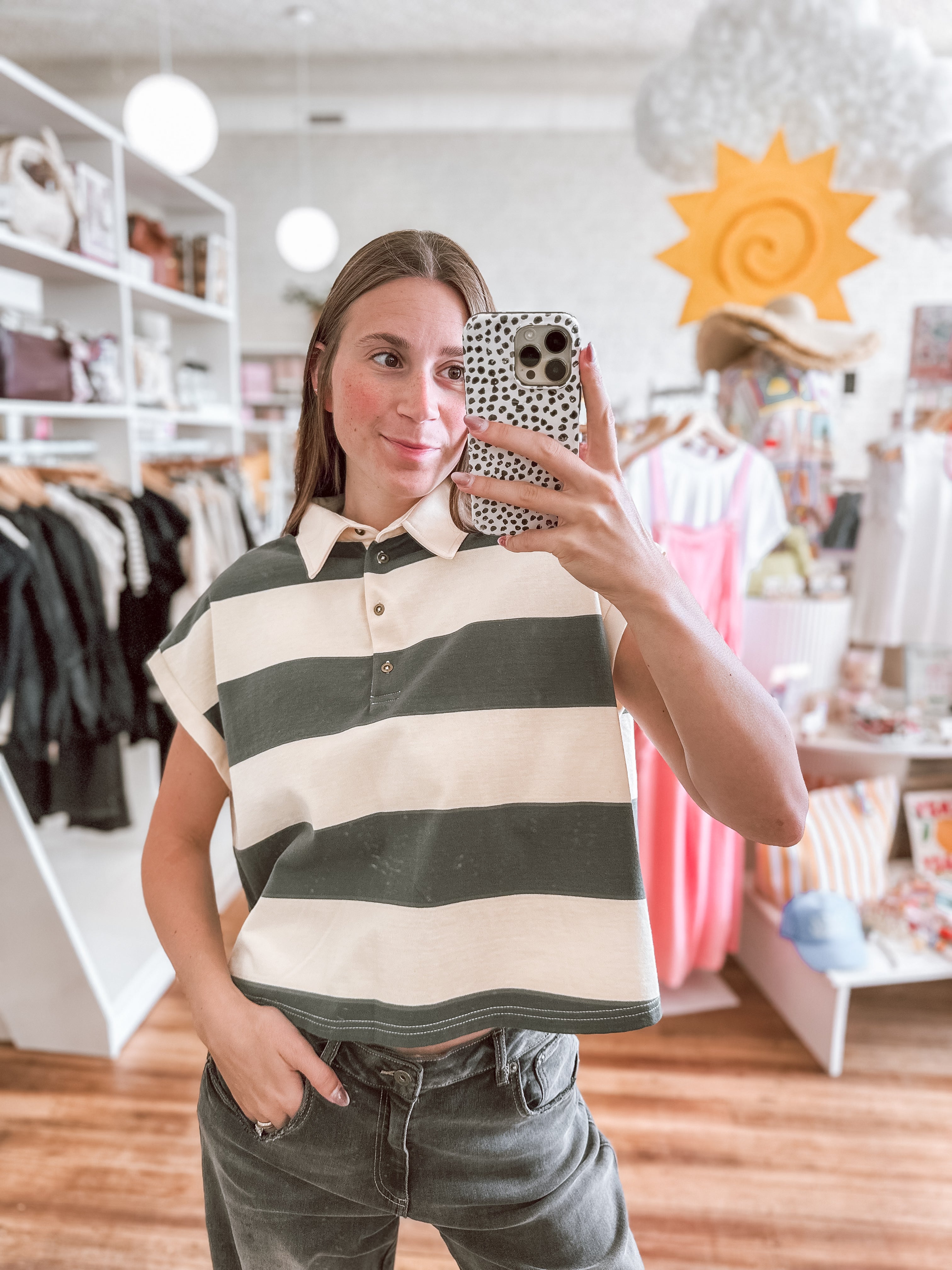 Green  & Beige Wide Stripe Polo