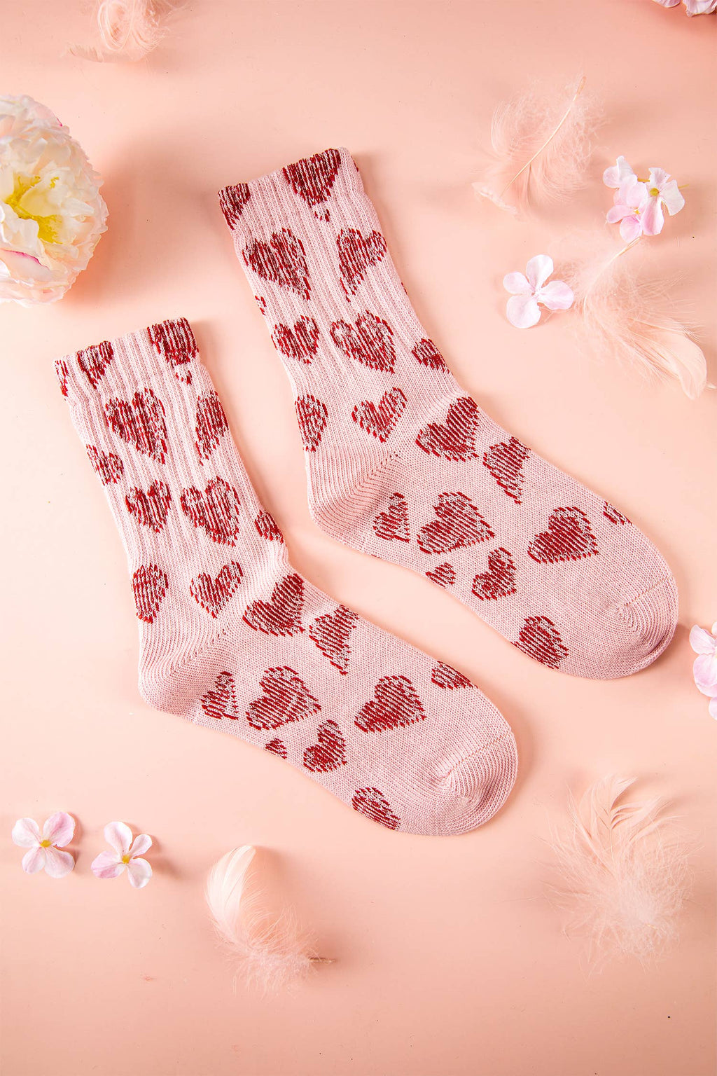 Pink Valentine's Day Vintage Heart Pattern Combed Cotton Socks