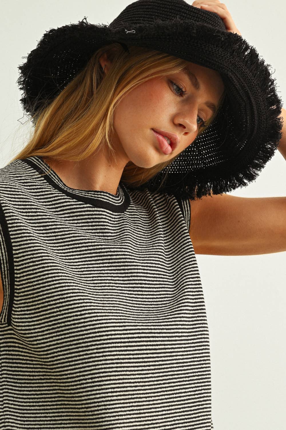 Black Pinstriped Sleeveless Knit Top