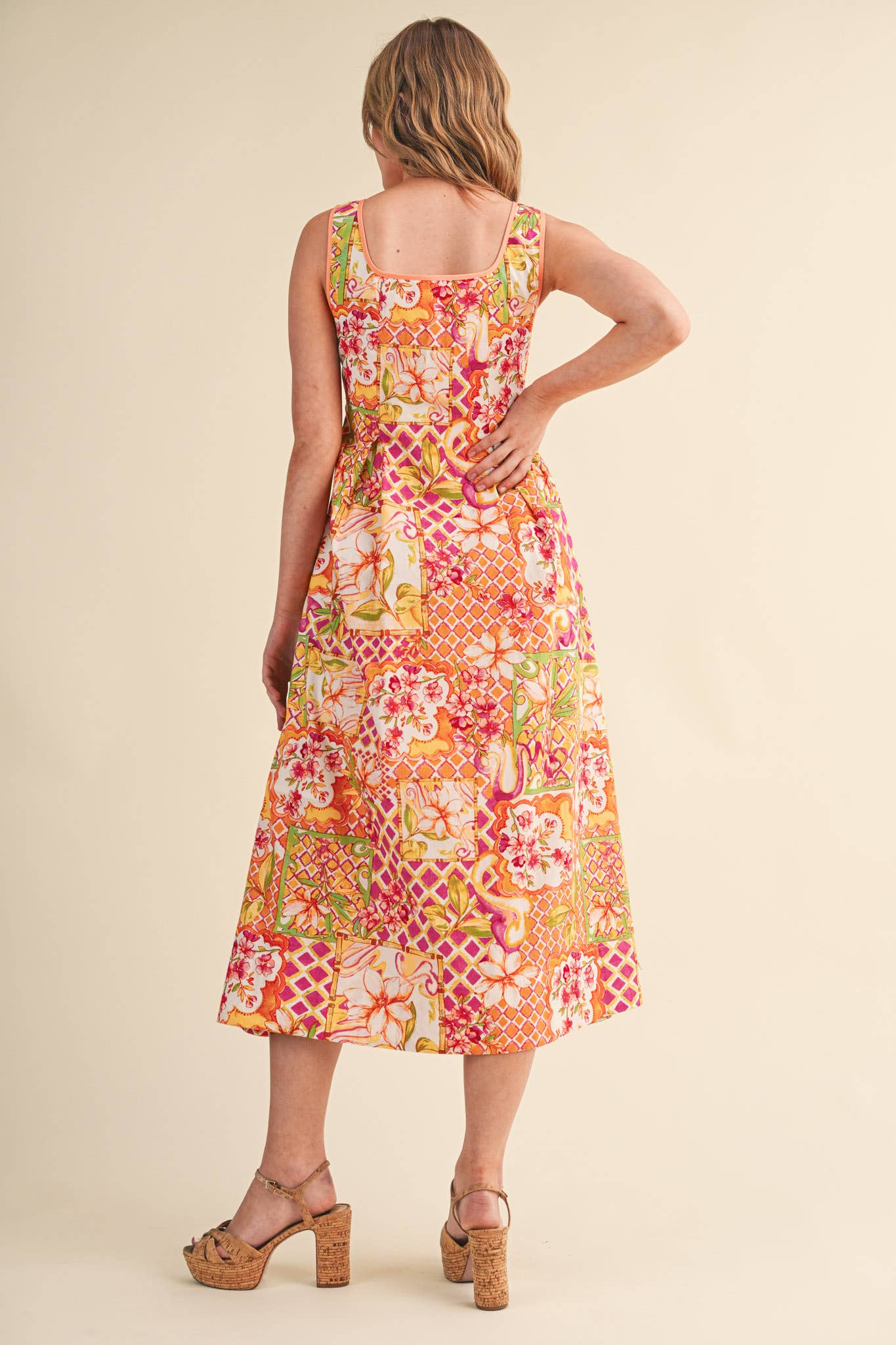 Ivory Pink Floral Midi Dress