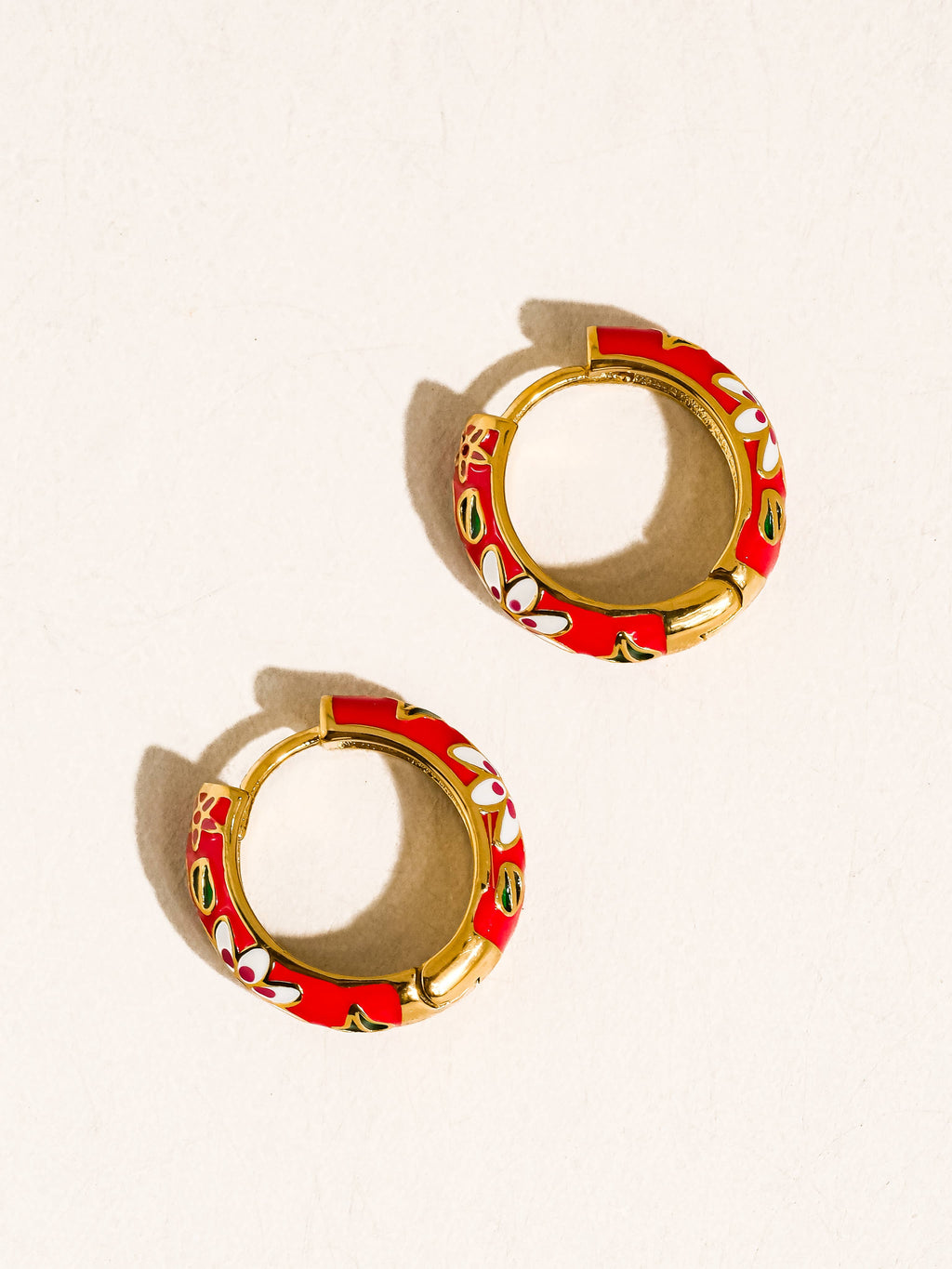 Red Isabeau 18K Gold Non-Tarnish Vintage Floral Hoop Earrings