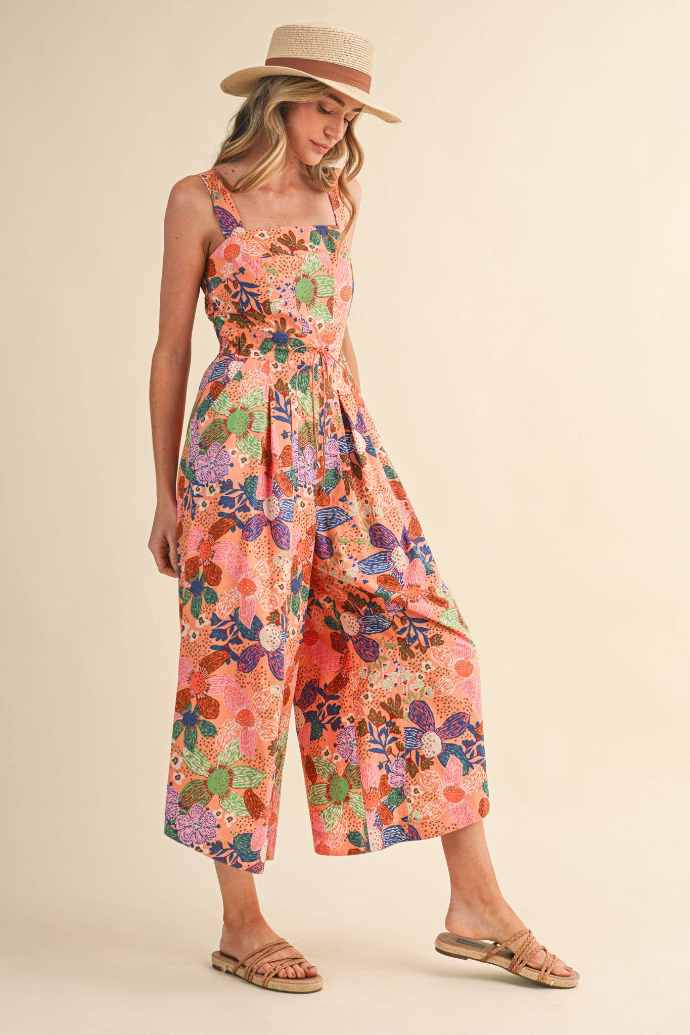 Coral Floral Pleated Wide Leg Jumpsuit