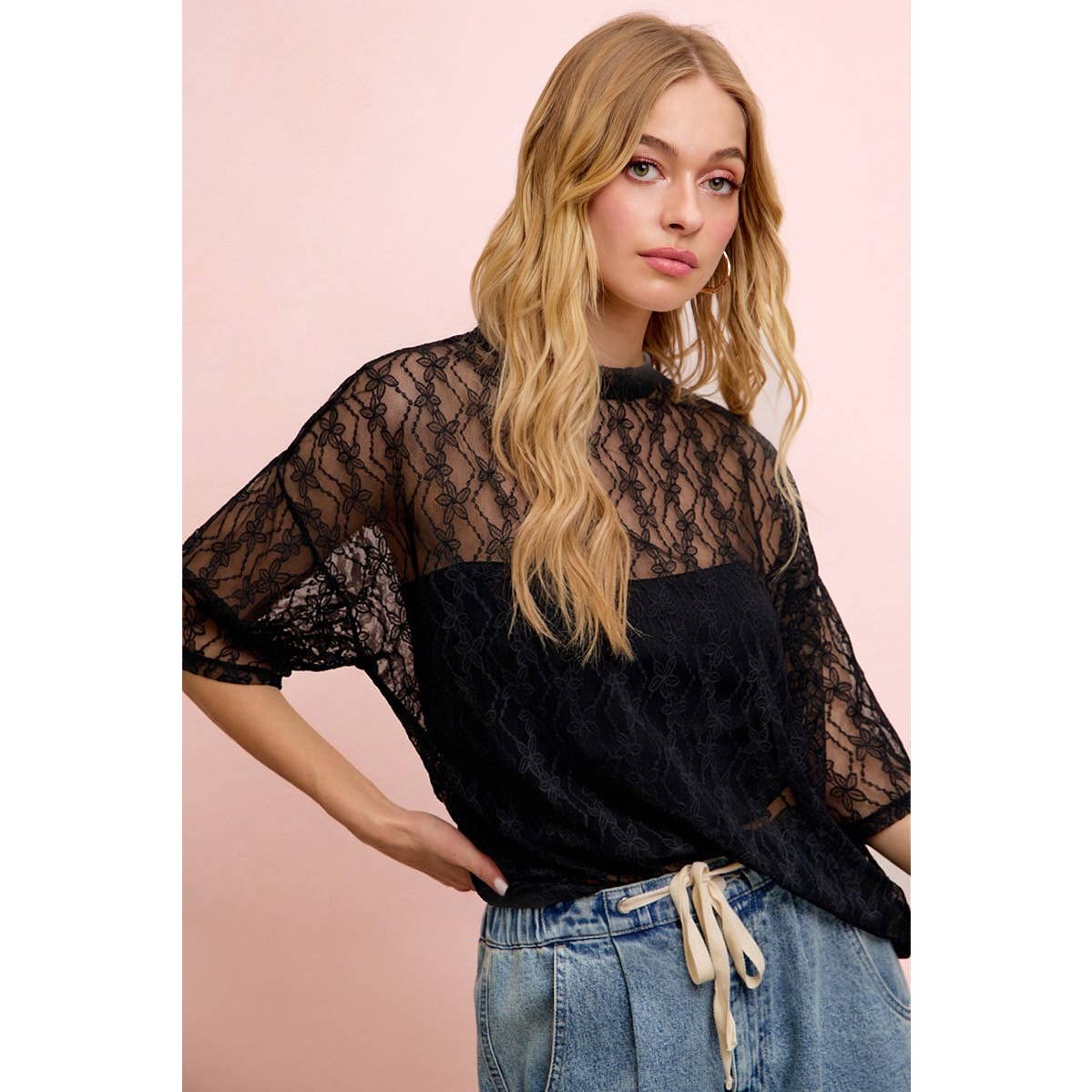 Black Floral Boxy Mesh Top