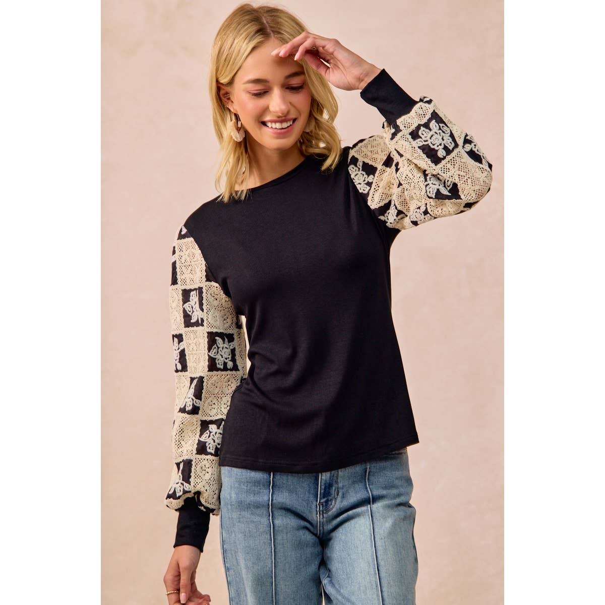 Black Flower Crochet Sleeve Top