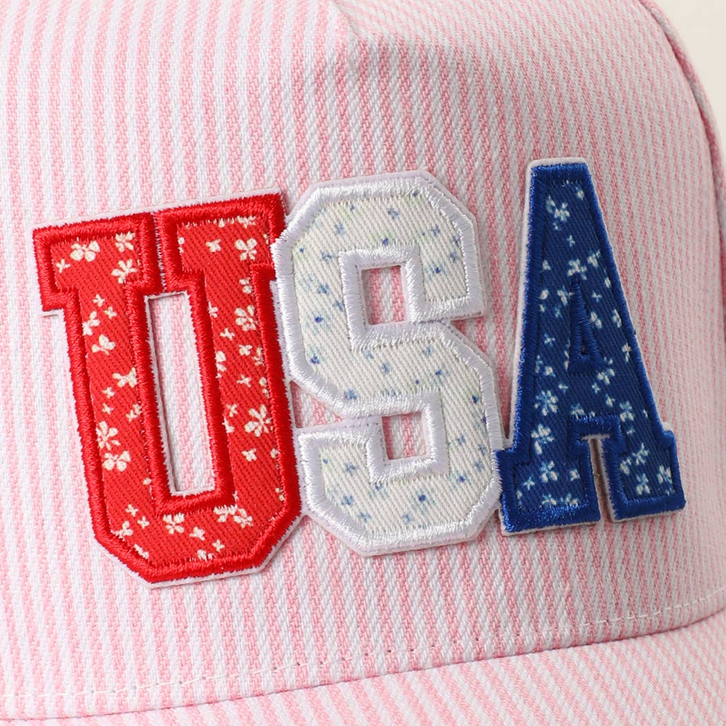 Pink USA Letter Patch Striped Trucker Hat