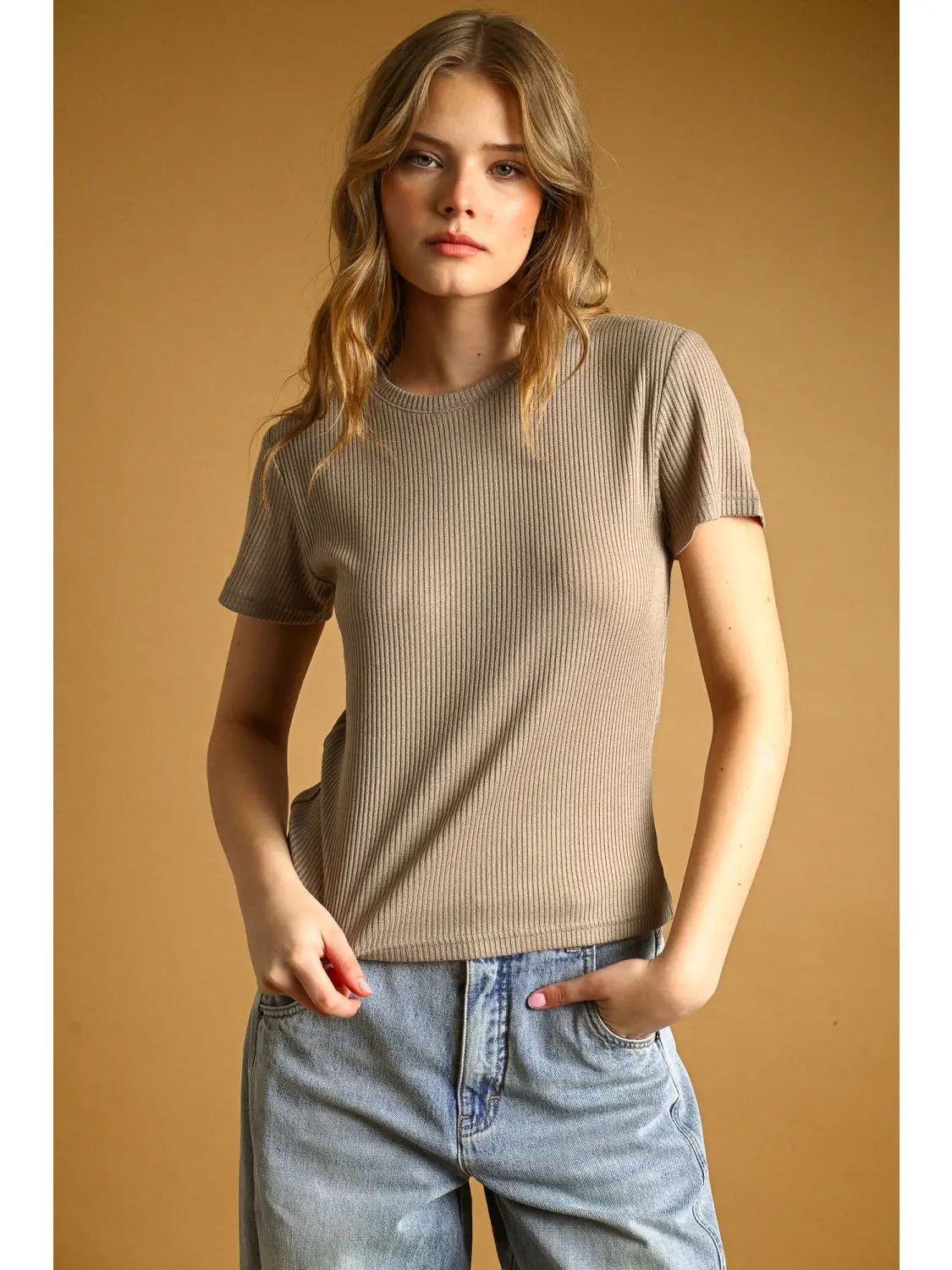 Mocha Short Sleeve Ribbed Top