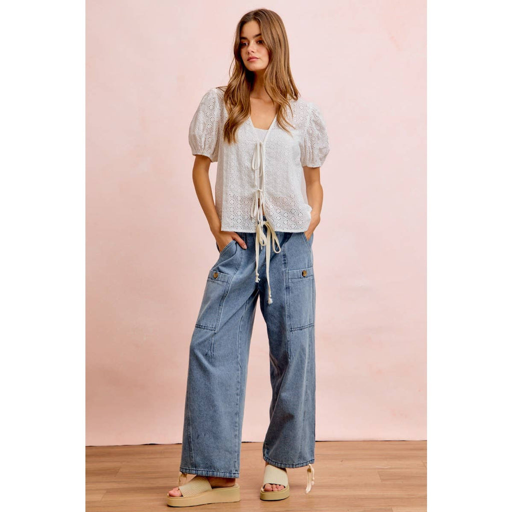 Washed Denim Drawstring Pants