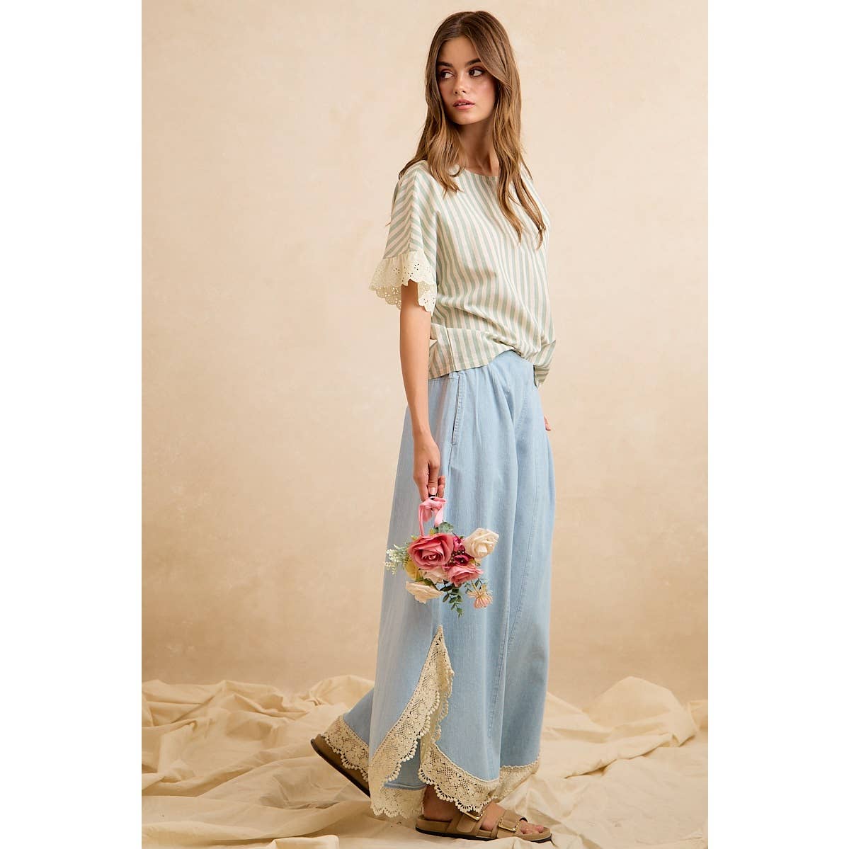 Denim Wide Leg Lace Tulip Hem Jeans