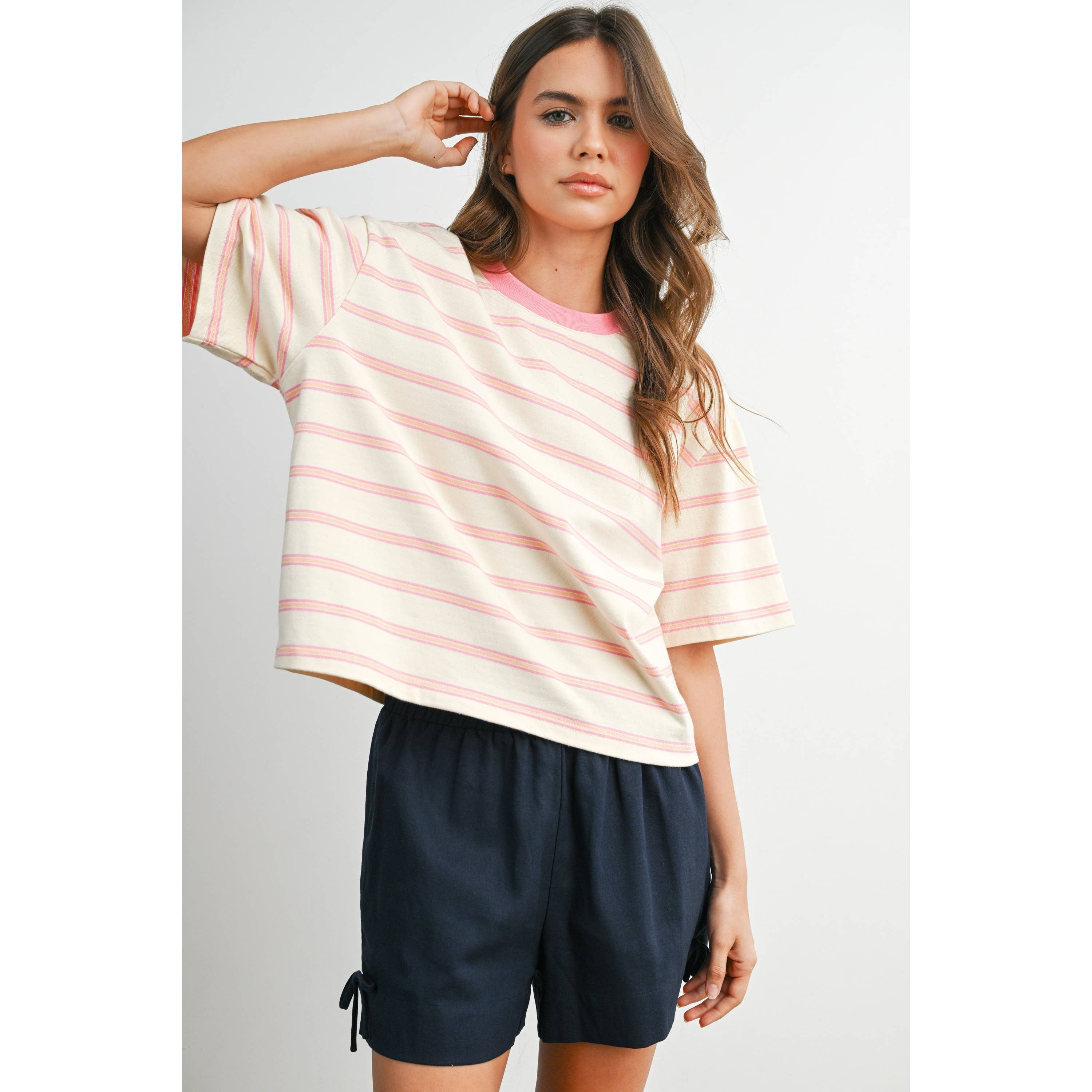 Ivory & Pink Striped Boxy Cropped T-Shirt