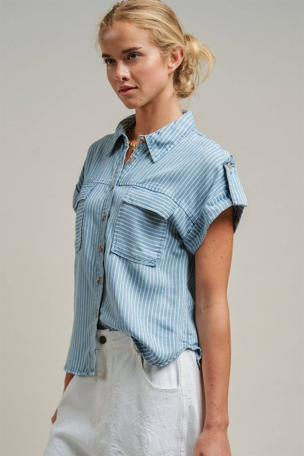 Striped Chambray Short Sleeve Shirt