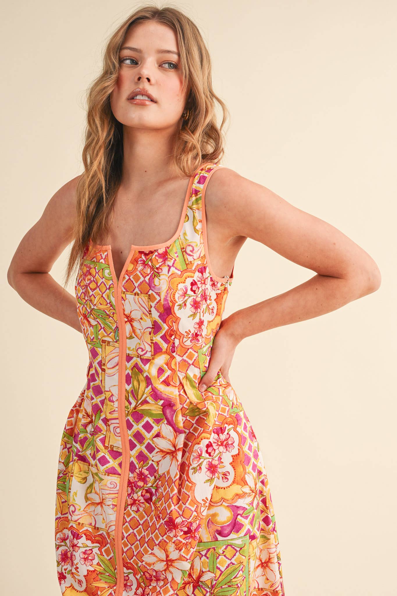 Ivory Pink Floral Midi Dress