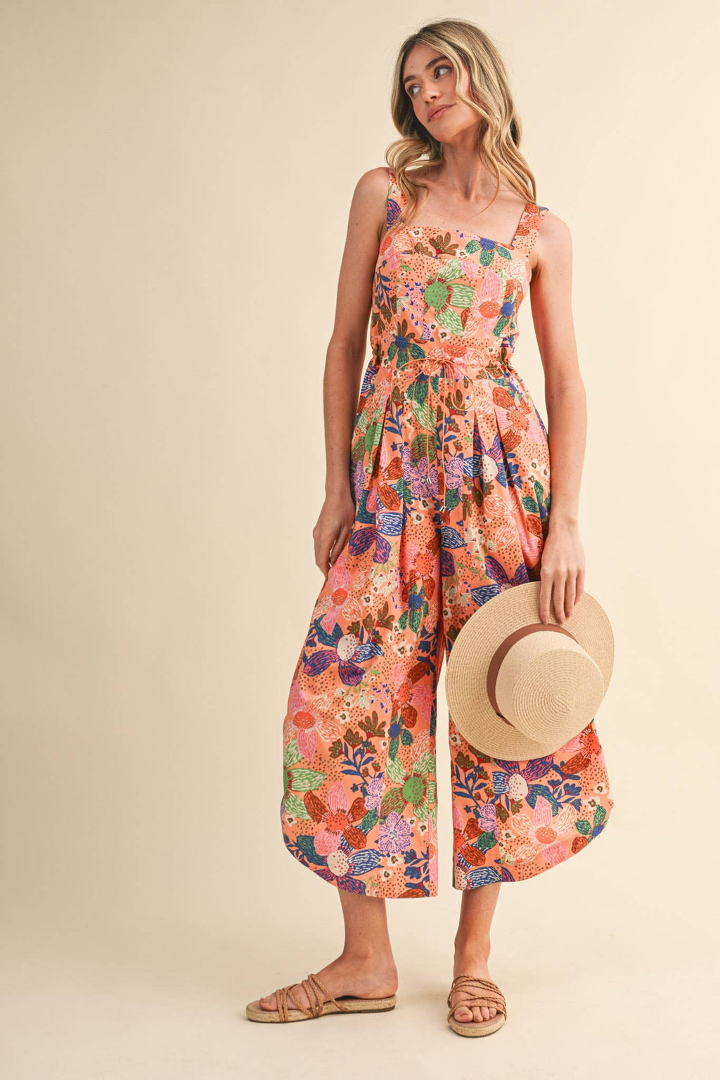 Coral Floral Pleated Wide Leg Jumpsuit