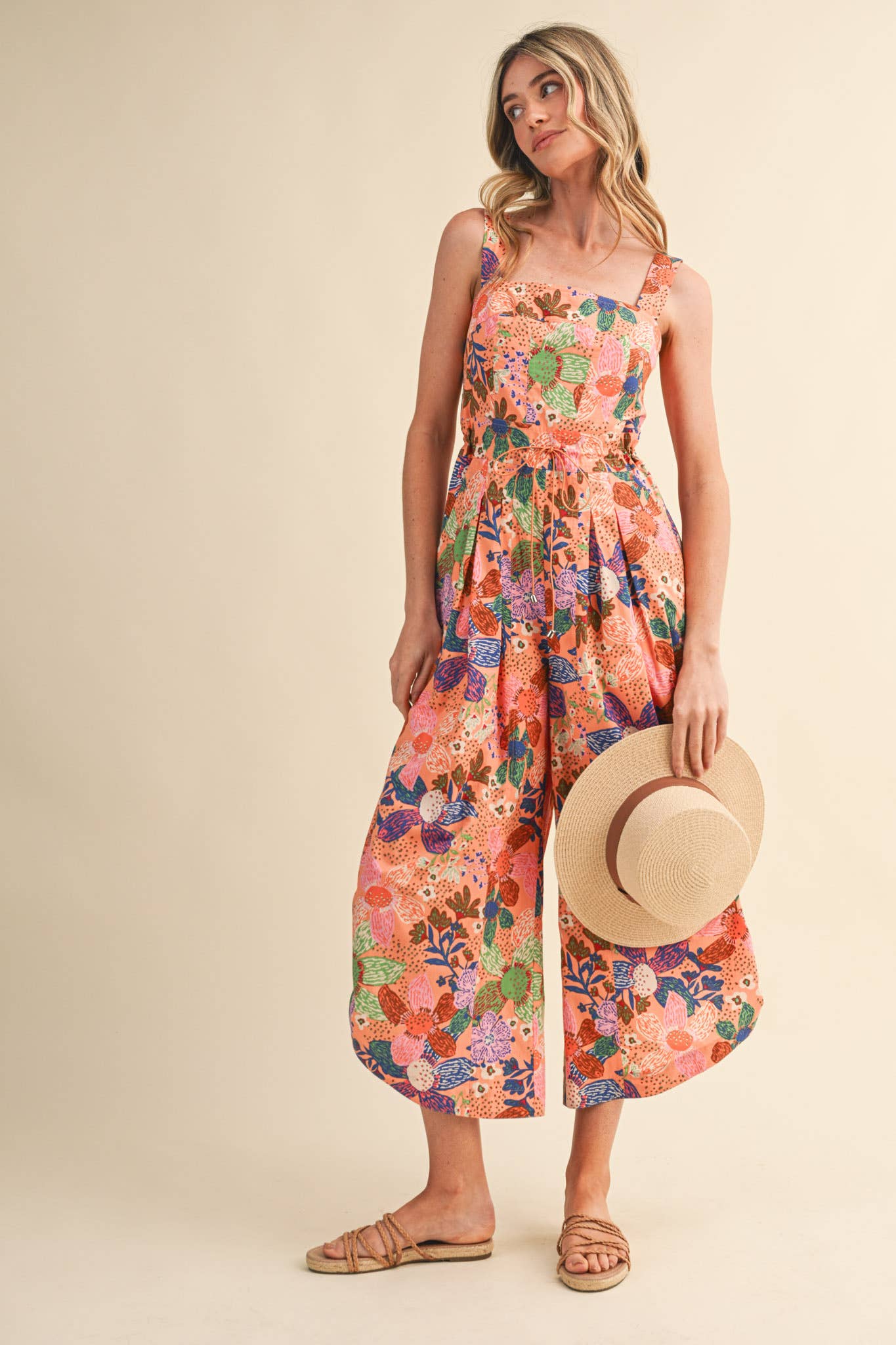 Coral Floral Pleated Wide Leg Jumpsuit