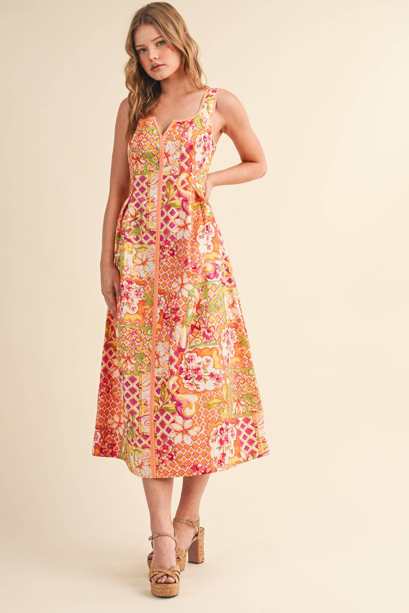 Ivory Pink Floral Midi Dress