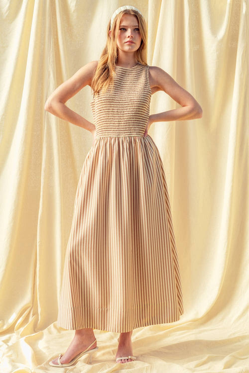 Brown Striped Smocked Top Dress