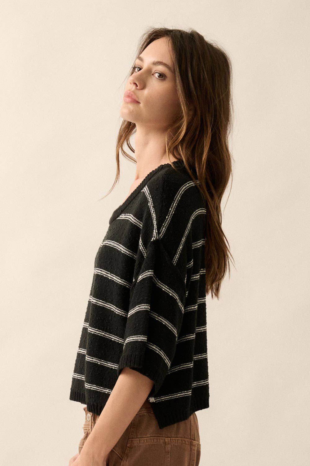 Striped Boat Neck 3/4 Sleeve Sweater