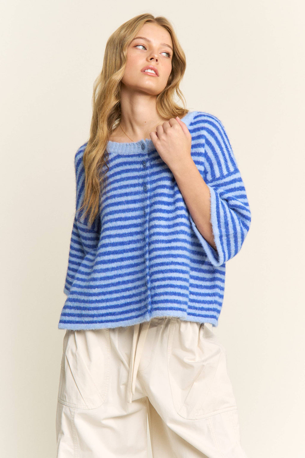 Blue Striped Cropped Soft Knit Cardigan
