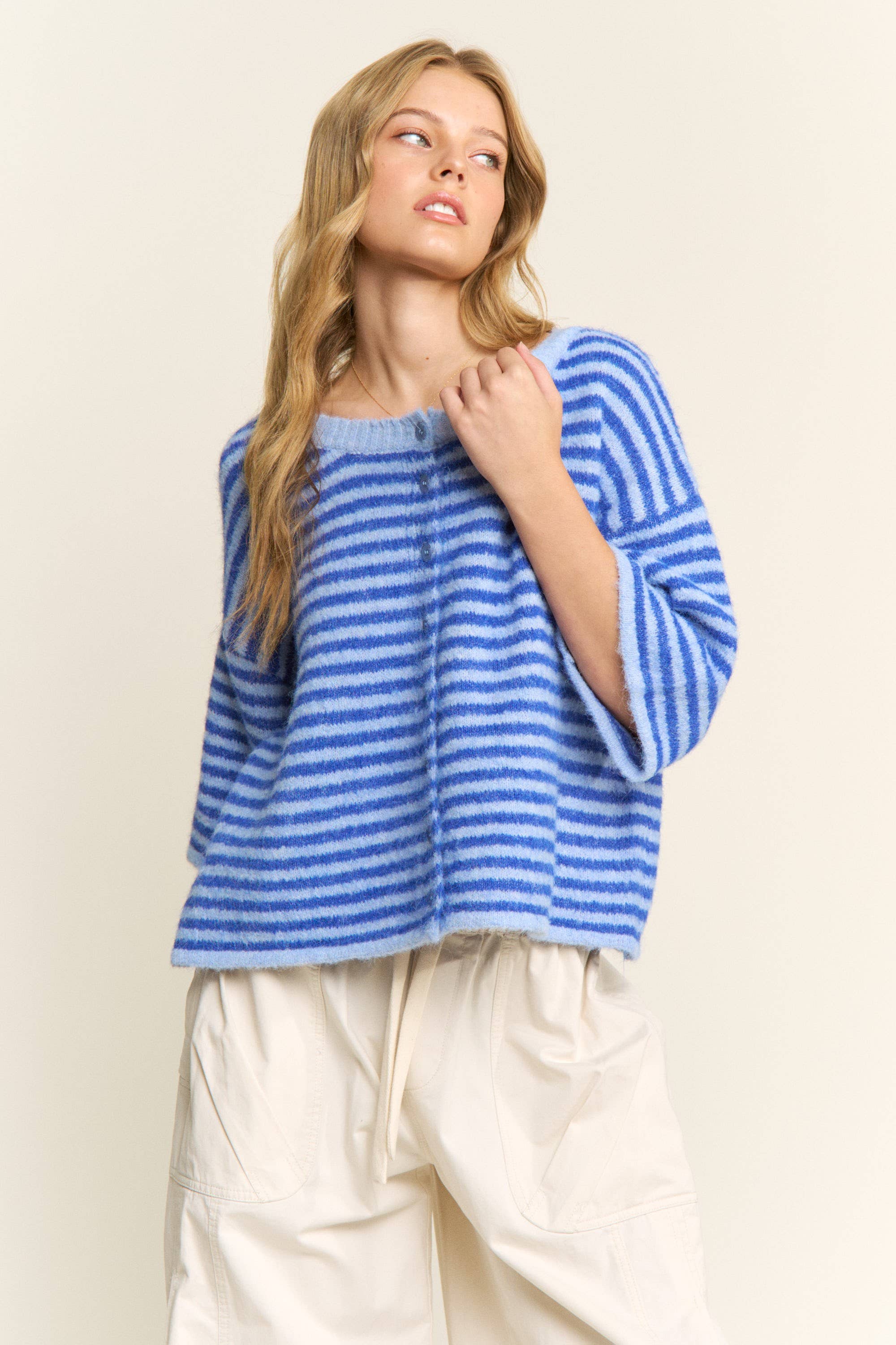 Blue Striped Cropped Soft Knit Cardigan