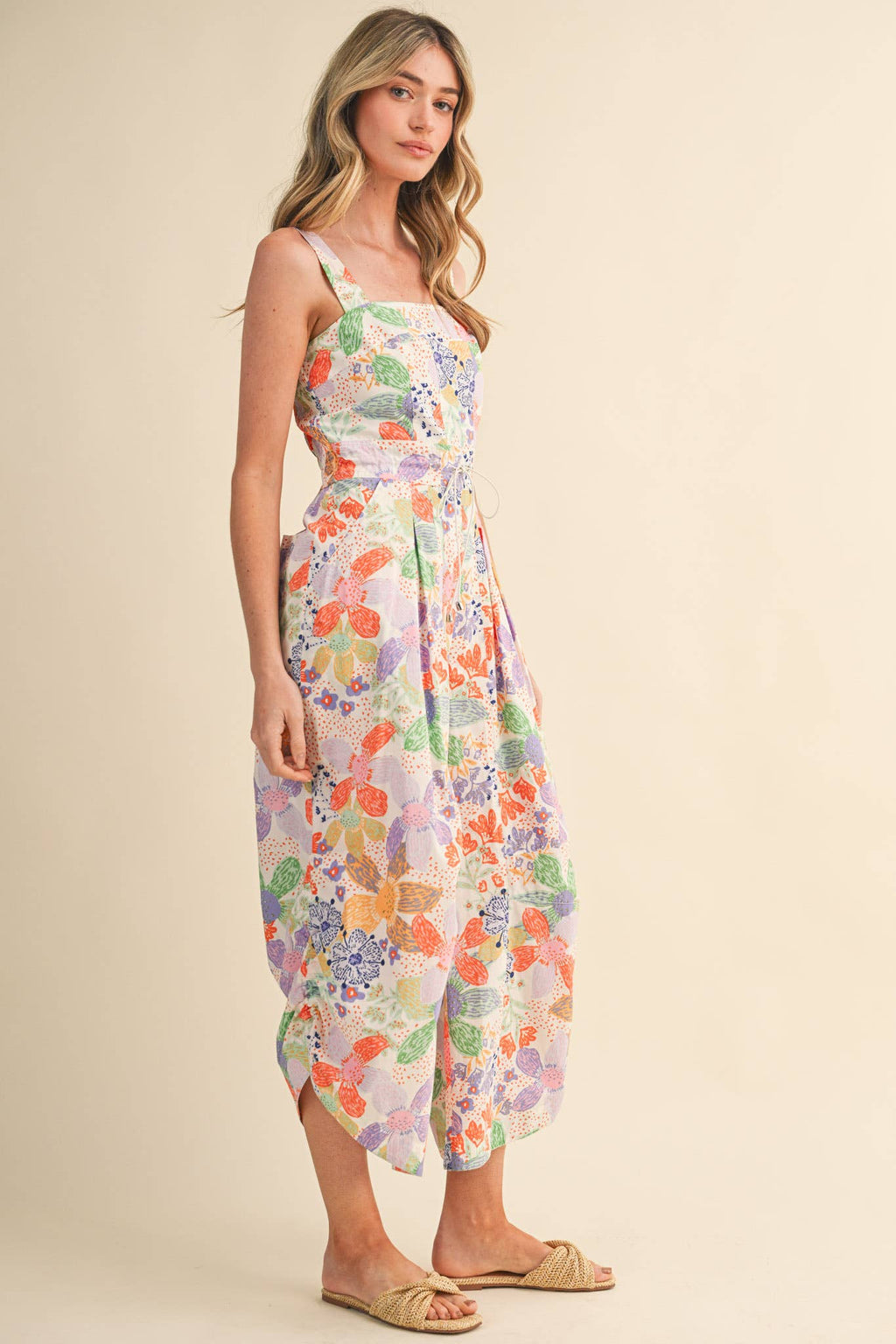 Coral Floral Pleated Wide Leg Jumpsuit