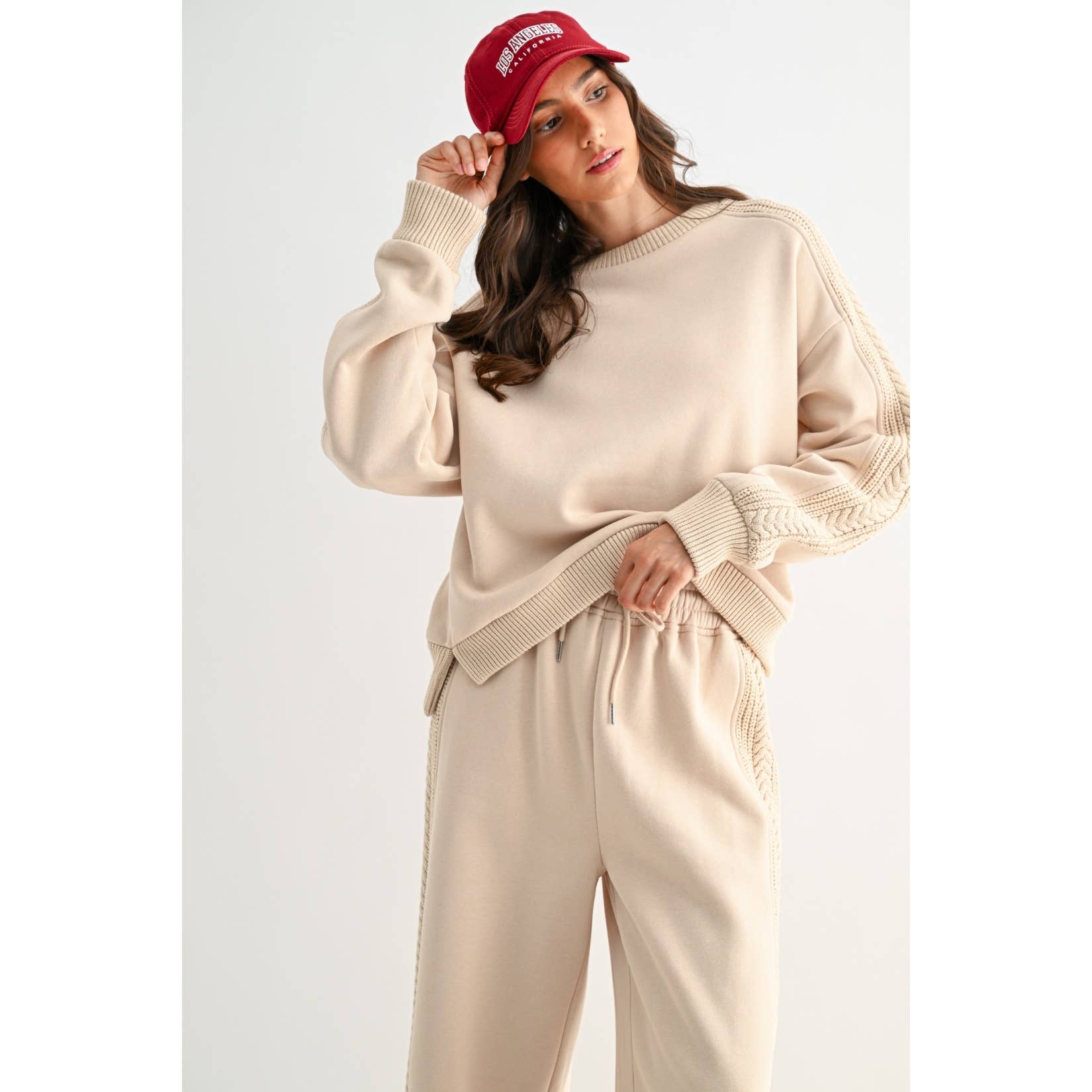Beige Cable Knit Trim Bottoms