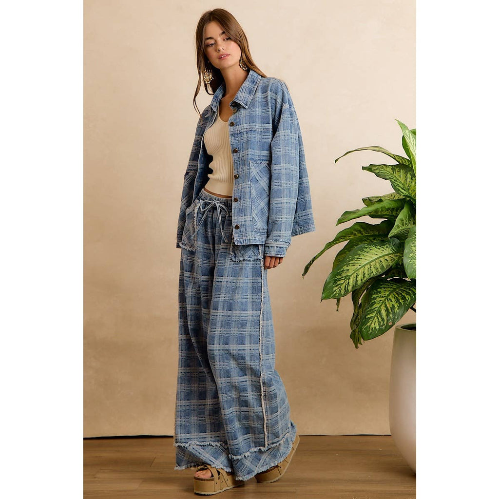 Washed Demin Plaid Wide Leg Jeans