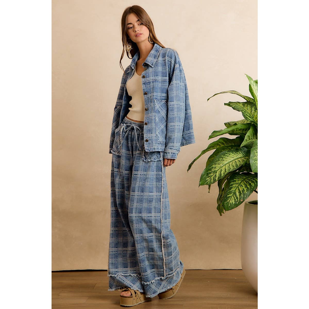 Washed Demin Plaid Wide Leg Jeans