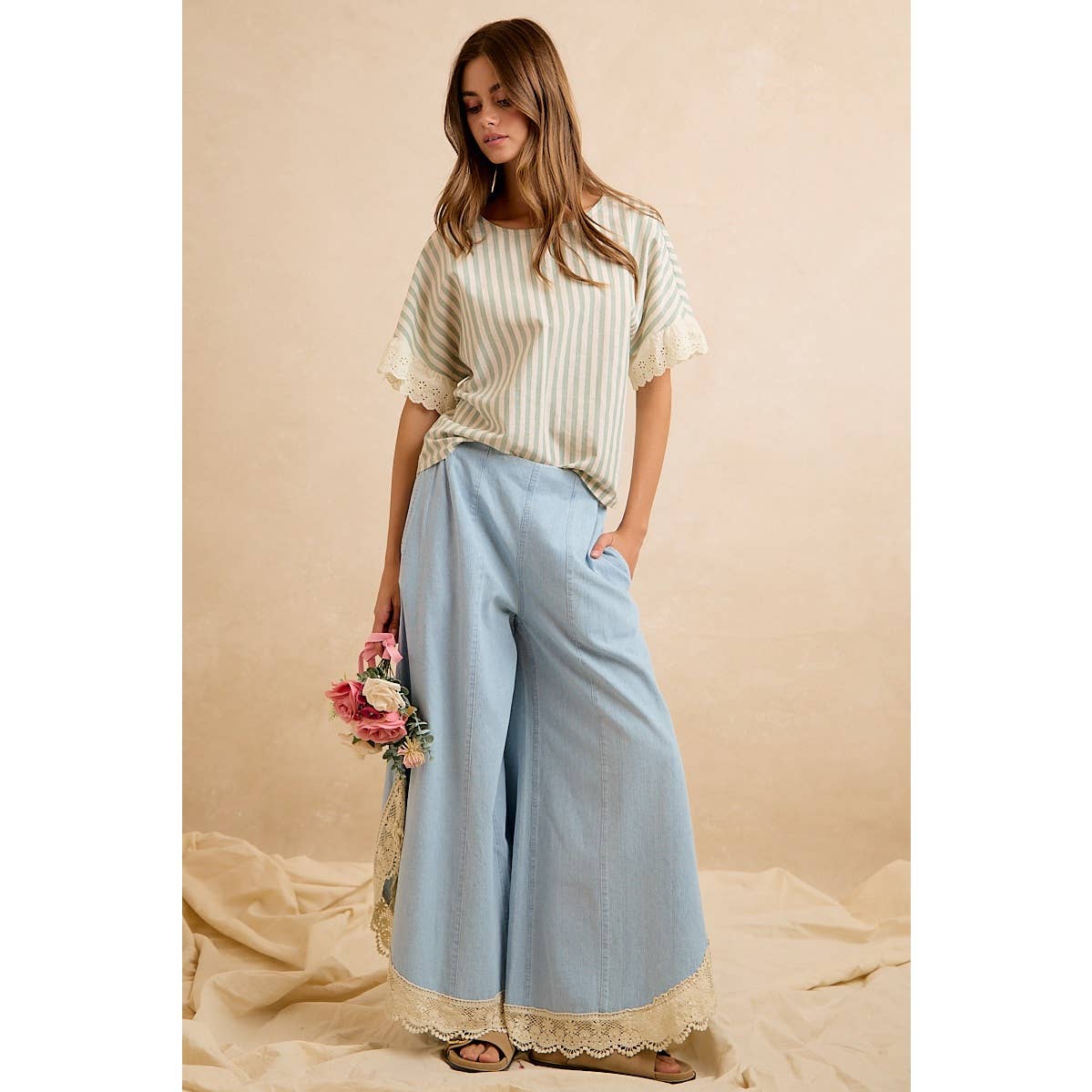 Denim Wide Leg Lace Tulip Hem Jeans
