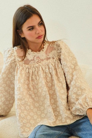 Oatmeal Embroidered Lace Mesh Floral Top