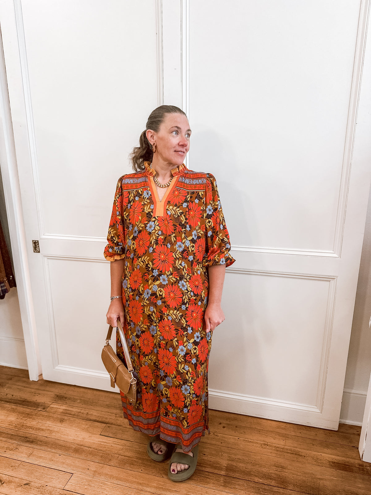 Camel Floral Printed Midi Dress