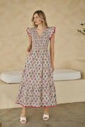 White Floral Sunfire Tiered Midi Dress