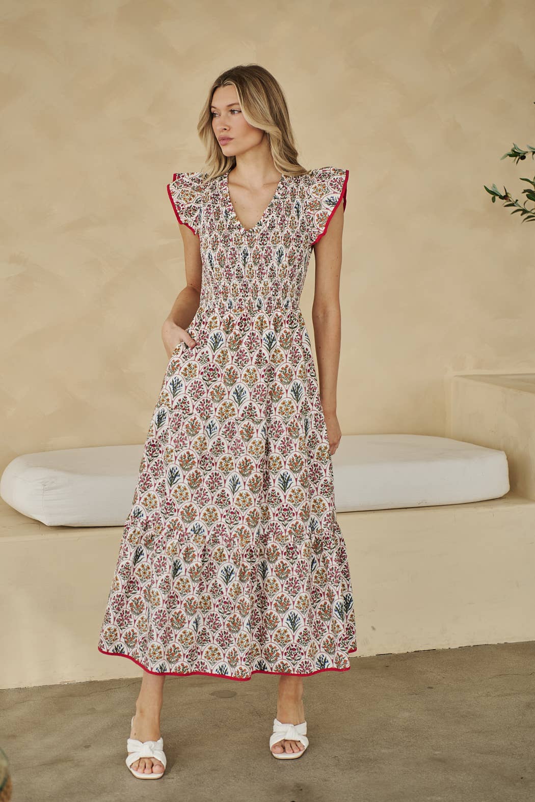 White Floral Sunfire Tiered Midi Dress