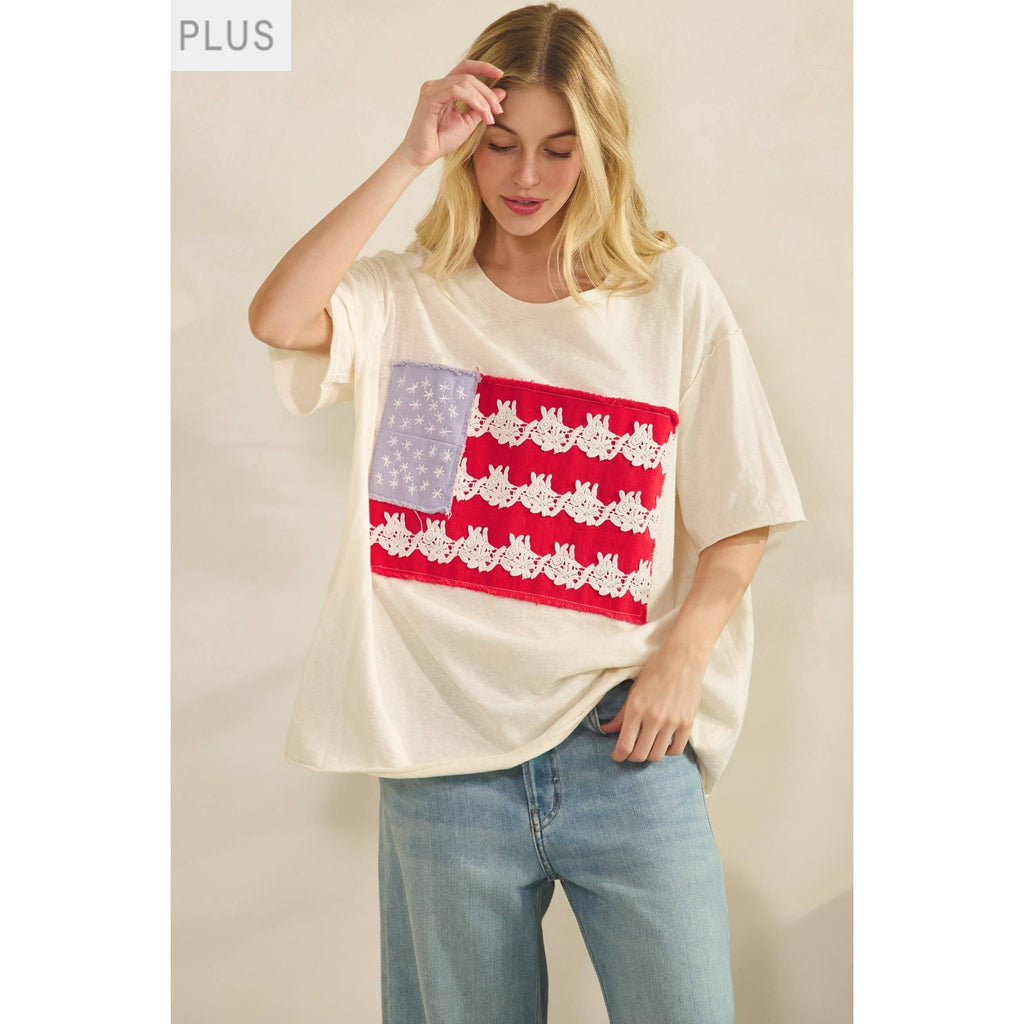 Plus Cream Lace Patched Oversized Tee