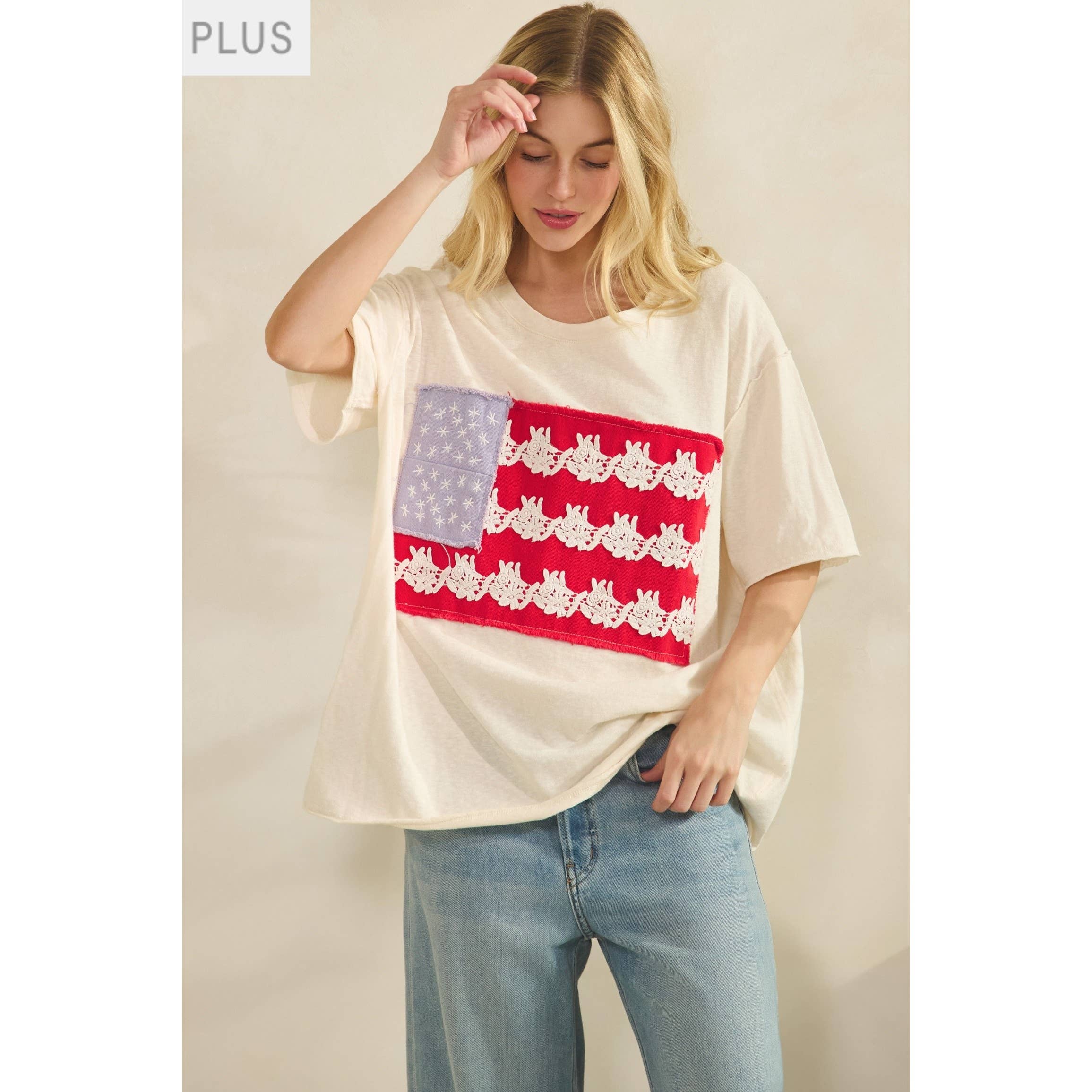 Plus Cream Lace Patched Oversized Tee
