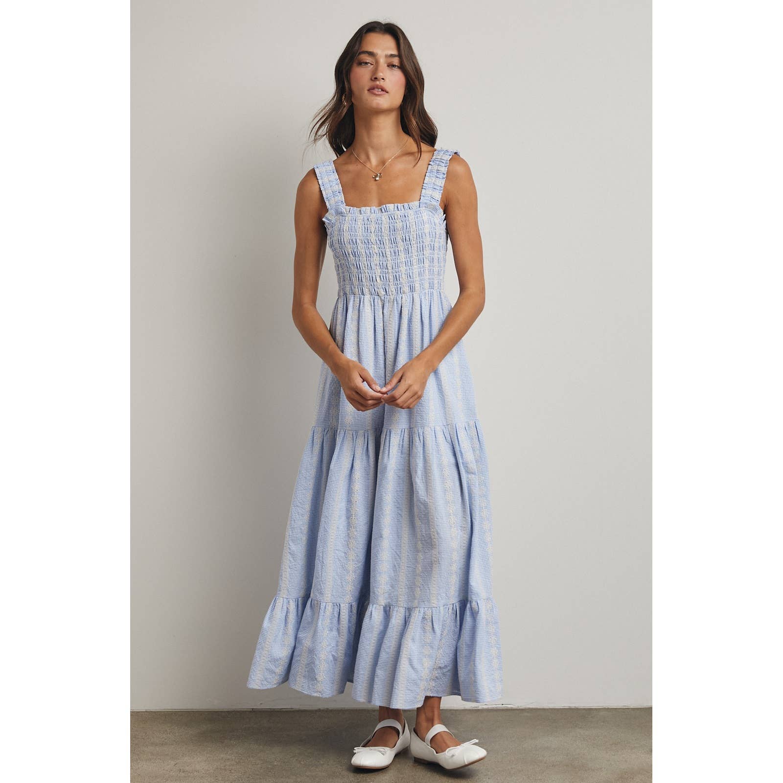 Blue & White Striped Smocked Maxi Dress