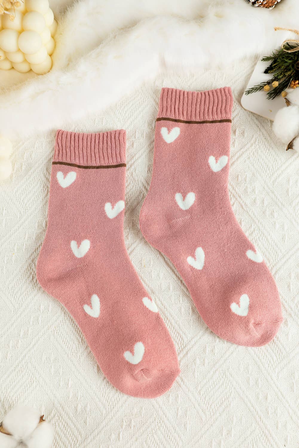 Pink Valentine Contrast Heart Print Ribbed Cuff Crew Socks