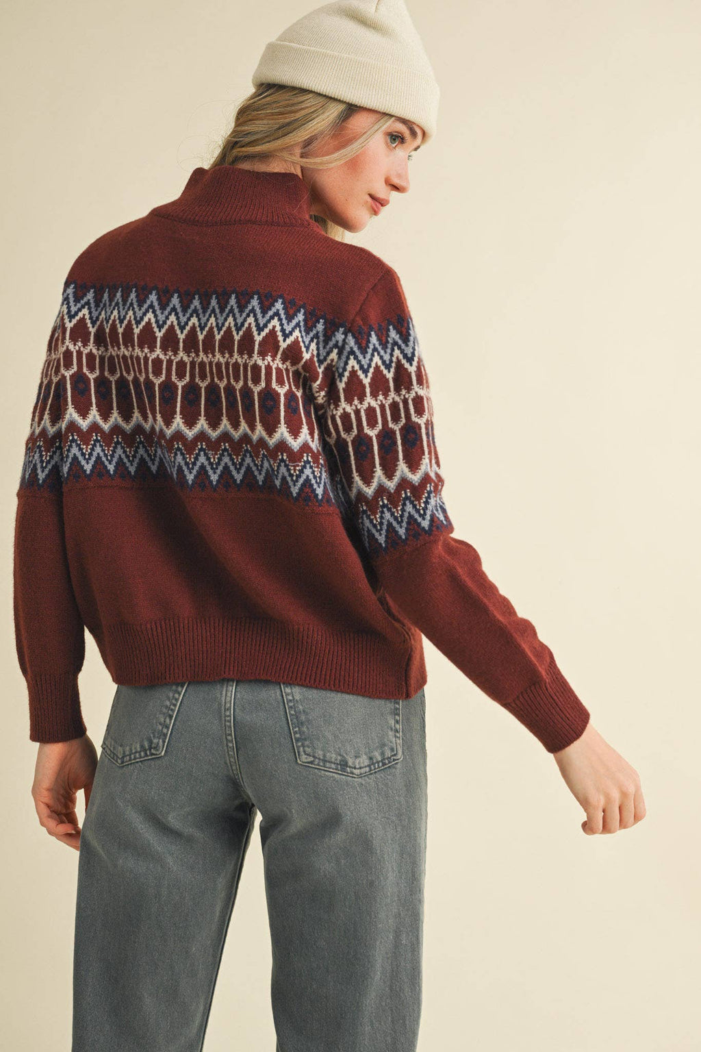 Cocoa Brown Fair Isle Zip Up Sweater